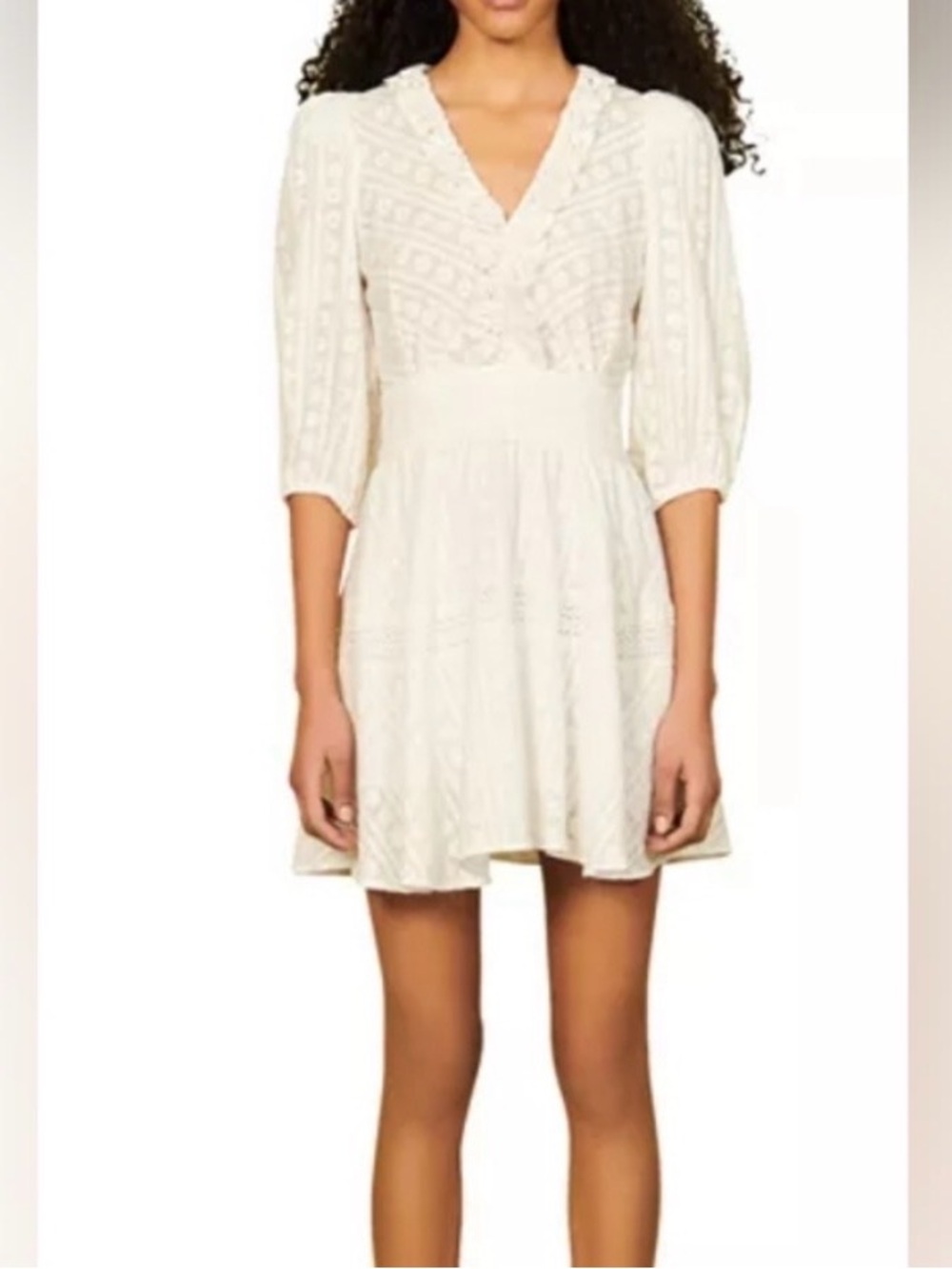 Sandro Cream Embroidered V-Neck Mini Dress